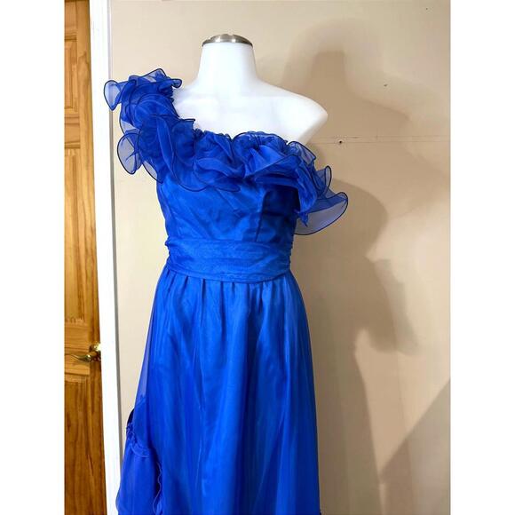 Dresses & Skirts - 70s 80s Elegant Royal Blue One-Shoulder Ruffled Evening Dress Fancy Frocks